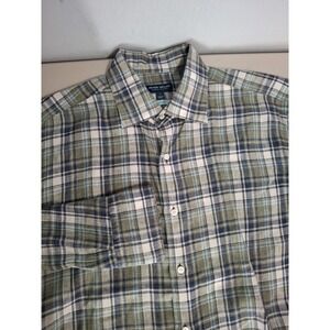 Peter Millar Crown Crafted Men's Large Blue Green Plaid Linen Long Sleeve Shirt